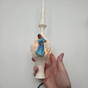 Vintage Jewelbrite White Glitter lighted angel tree topper * some broken pieces